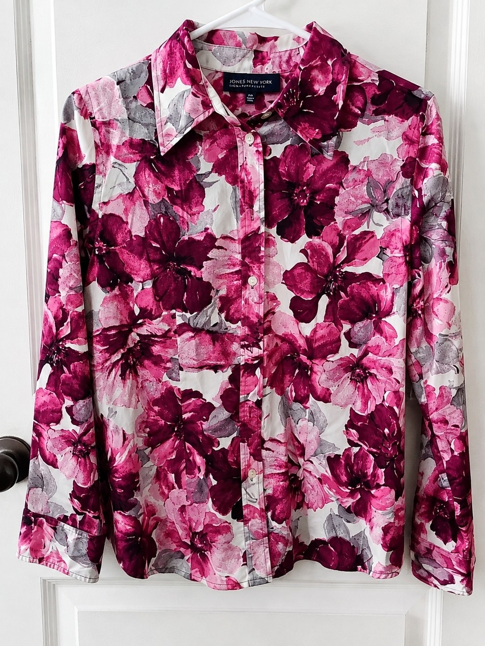 Jones New York Signature Petite PM Floral Button Front Blouse Pink Long Sleeve